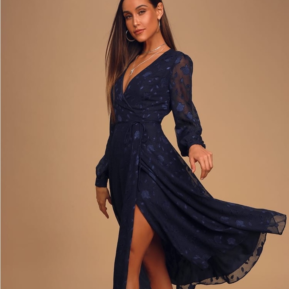 Lulu’s “Navy Blue Floral Jacquard Wrap Midi Dress” worn once!